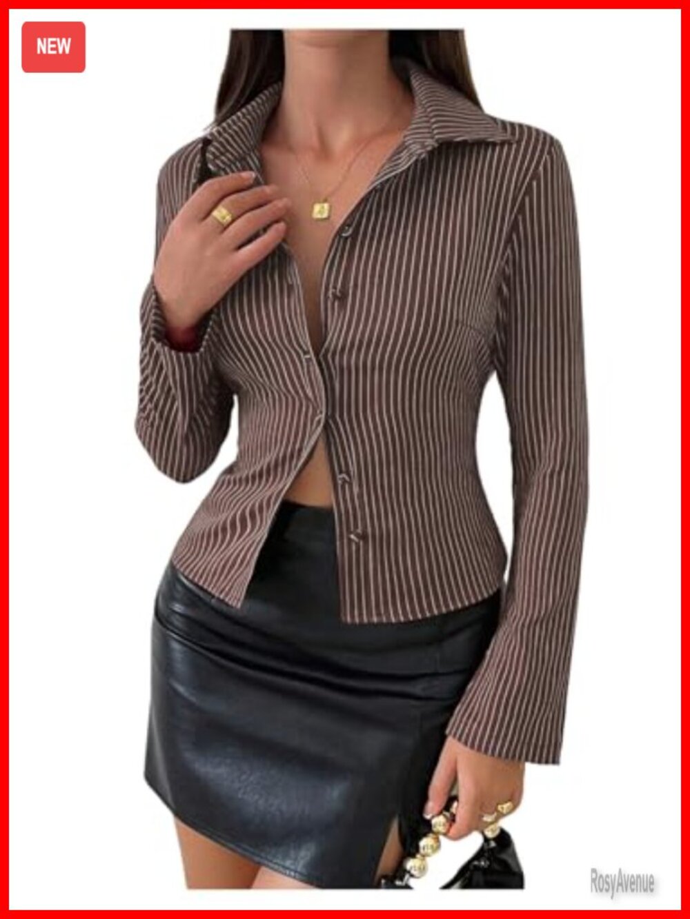 Women's Striped Long Sleeve Button Down Crop Blouse Work Top